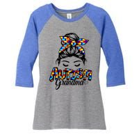 Messy Bun Bandana Grandma Support Autism Awareness Gift Women's Tri-Blend 3/4-Sleeve Raglan Shirt