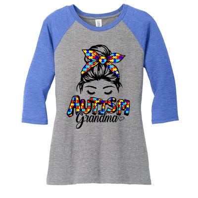 Messy Bun Bandana Grandma Support Autism Awareness Gift Women's Tri-Blend 3/4-Sleeve Raglan Shirt