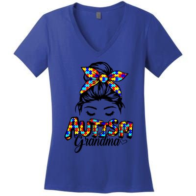 Messy Bun Bandana Grandma Support Autism Awareness Gift Women's V-Neck T-Shirt