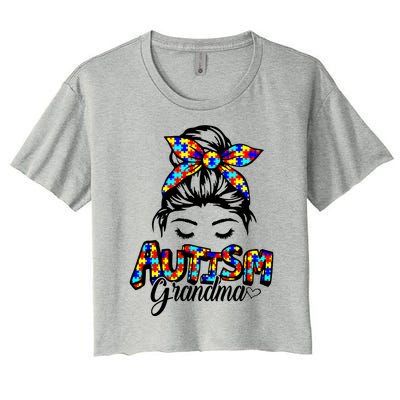 Messy Bun Bandana Grandma Support Autism Awareness Gift Women's Crop Top Tee