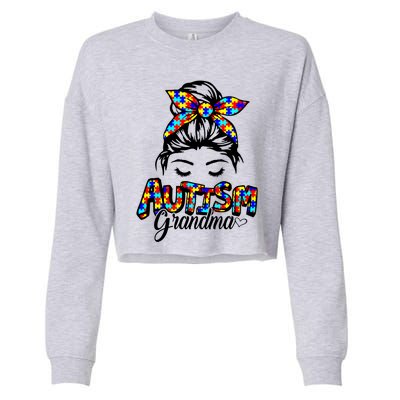 Messy Bun Bandana Grandma Support Autism Awareness Gift Cropped Pullover Crew