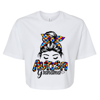 Messy Bun Bandana Grandma Support Autism Awareness Gift Bella+Canvas Jersey Crop Tee