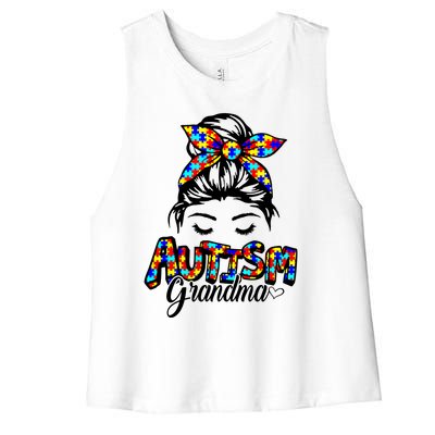 Messy Bun Bandana Grandma Support Autism Awareness Gift Women's Racerback Cropped Tank