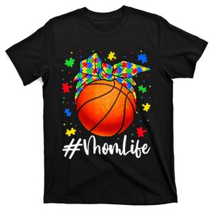 Messy Bun Basketball Ball Puzzle Mom Life Autism Awareness T-Shirt