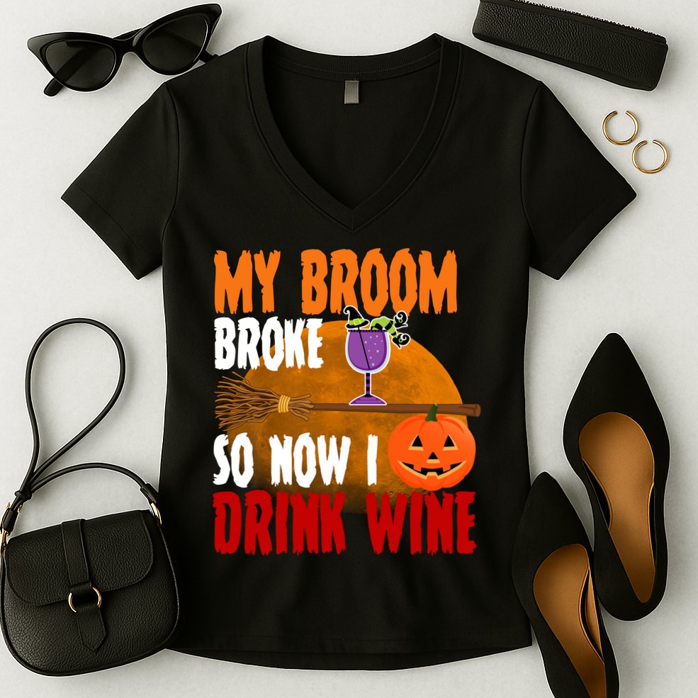 My Broom Broke So Now I Drink Wine Women's V-Neck T-Shirt