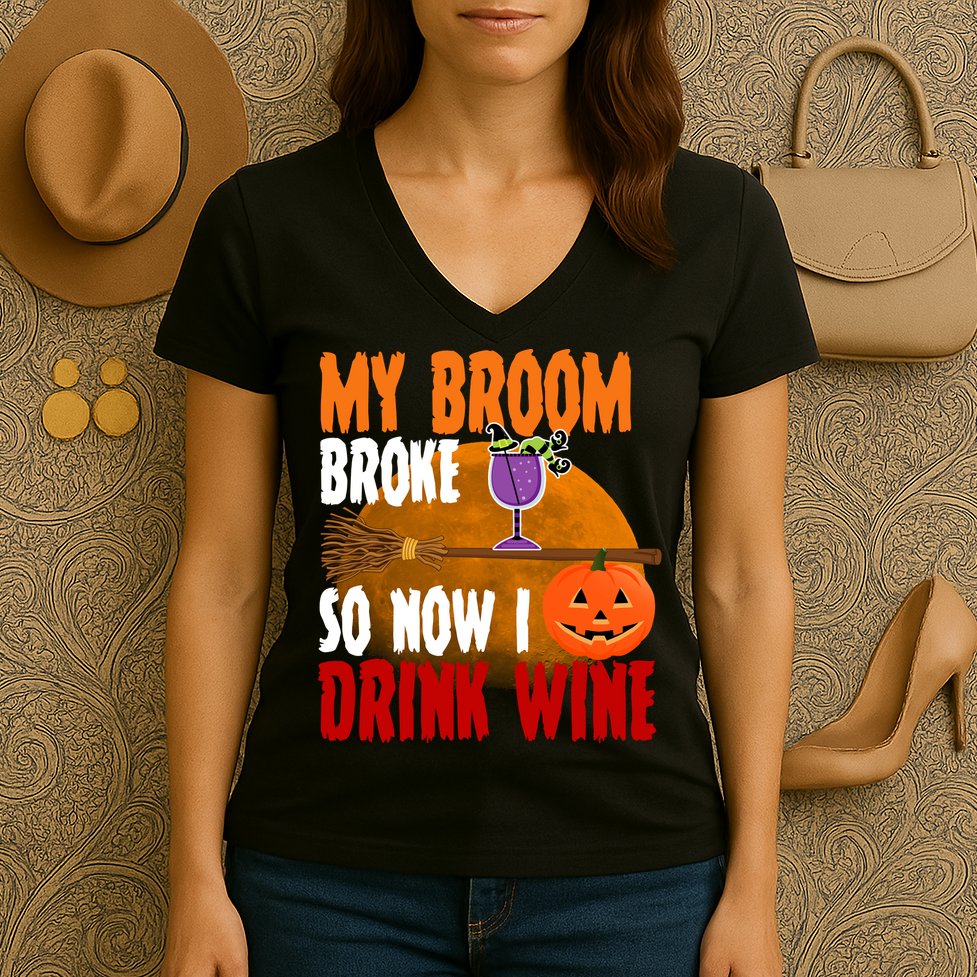 My Broom Broke So Now I Drink Wine Women's V-Neck T-Shirt