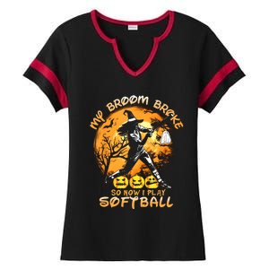 My Broom Broke So Now I Play Softball Baseball Halloween Ladies Halftime Notch Neck Tee