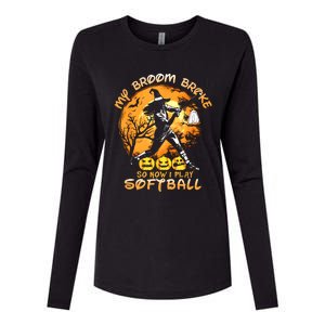 My Broom Broke So Now I Play Softball Baseball Halloween Womens Cotton Relaxed Long Sleeve T-Shirt