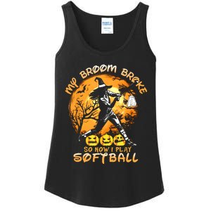 My Broom Broke So Now I Play Softball Baseball Halloween Ladies Essential Tank