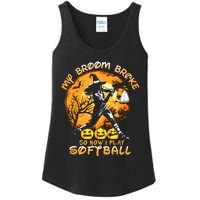 My Broom Broke So Now I Play Softball Baseball Halloween Ladies Essential Tank