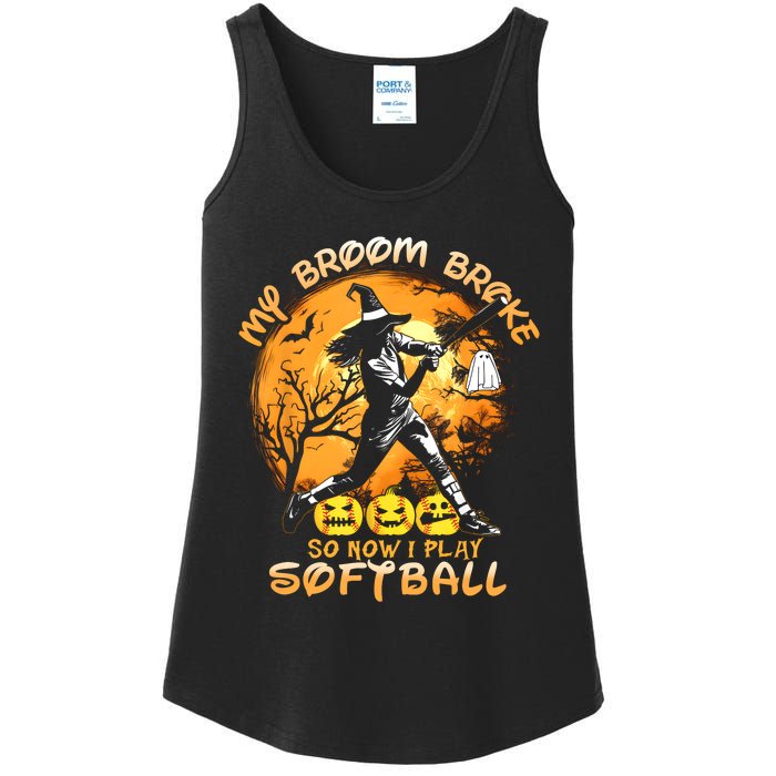 My Broom Broke So Now I Play Softball Baseball Halloween Ladies Essential Tank