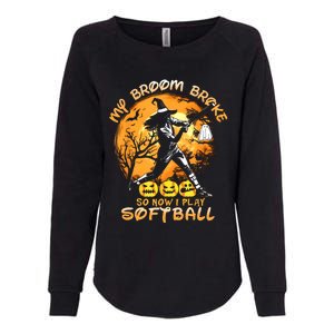 My Broom Broke So Now I Play Softball Baseball Halloween Womens California Wash Sweatshirt