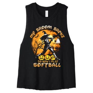 My Broom Broke So Now I Play Softball Baseball Halloween Women's Racerback Cropped Tank