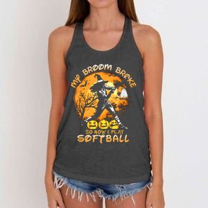 My Broom Broke So Now I Play Softball Baseball Halloween Women's Knotted Racerback Tank