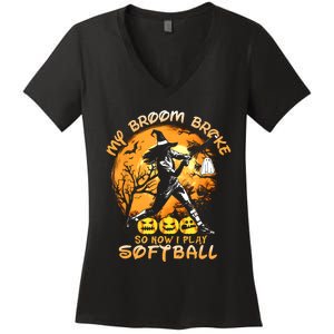 My Broom Broke So Now I Play Softball Baseball Halloween Women's V-Neck T-Shirt