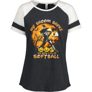 My Broom Broke So Now I Play Softball Baseball Halloween Enza Ladies Jersey Colorblock Tee