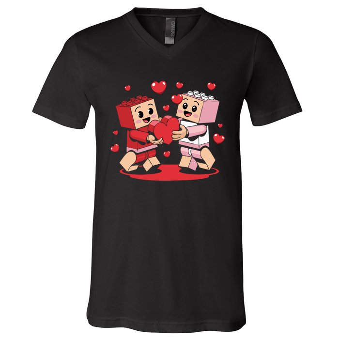 Master Builder Block Brick Building Couple Valentines Day V-Neck T-Shirt