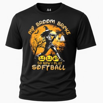 My Broom Broke So Now I Play Softball Baseball Halloween Cooling Performance Crew T-Shirt