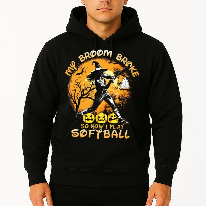 My Broom Broke So Now I Play Softball Baseball Halloween Hoodie