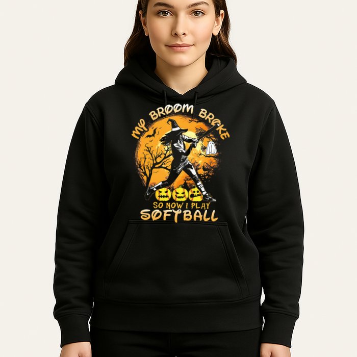 My Broom Broke So Now I Play Softball Baseball Halloween Hoodie