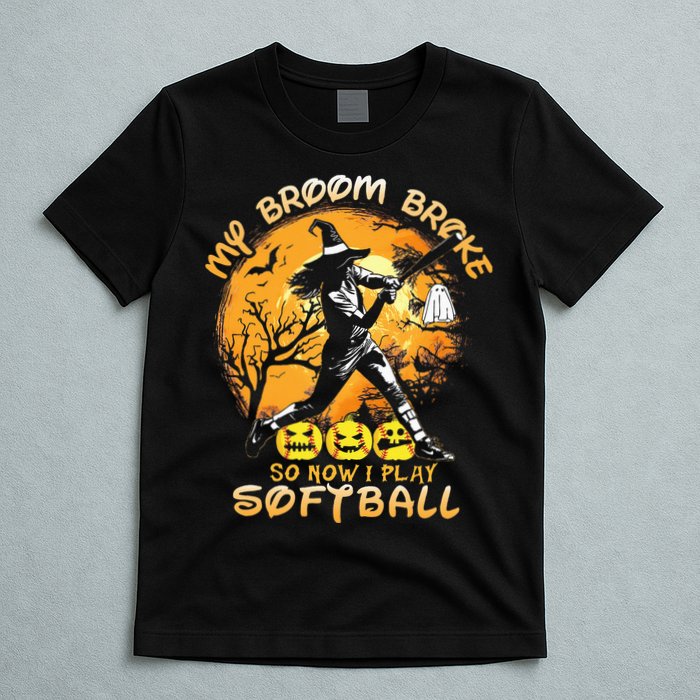 My Broom Broke So Now I Play Softball Baseball Halloween T-Shirt