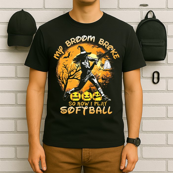 My Broom Broke So Now I Play Softball Baseball Halloween T-Shirt