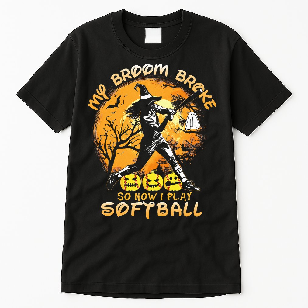 My Broom Broke So Now I Play Softball Baseball Halloween Tall T-Shirt
