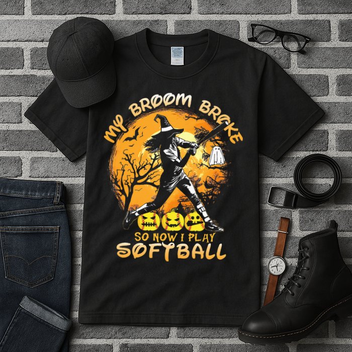My Broom Broke So Now I Play Softball Baseball Halloween Tall T-Shirt