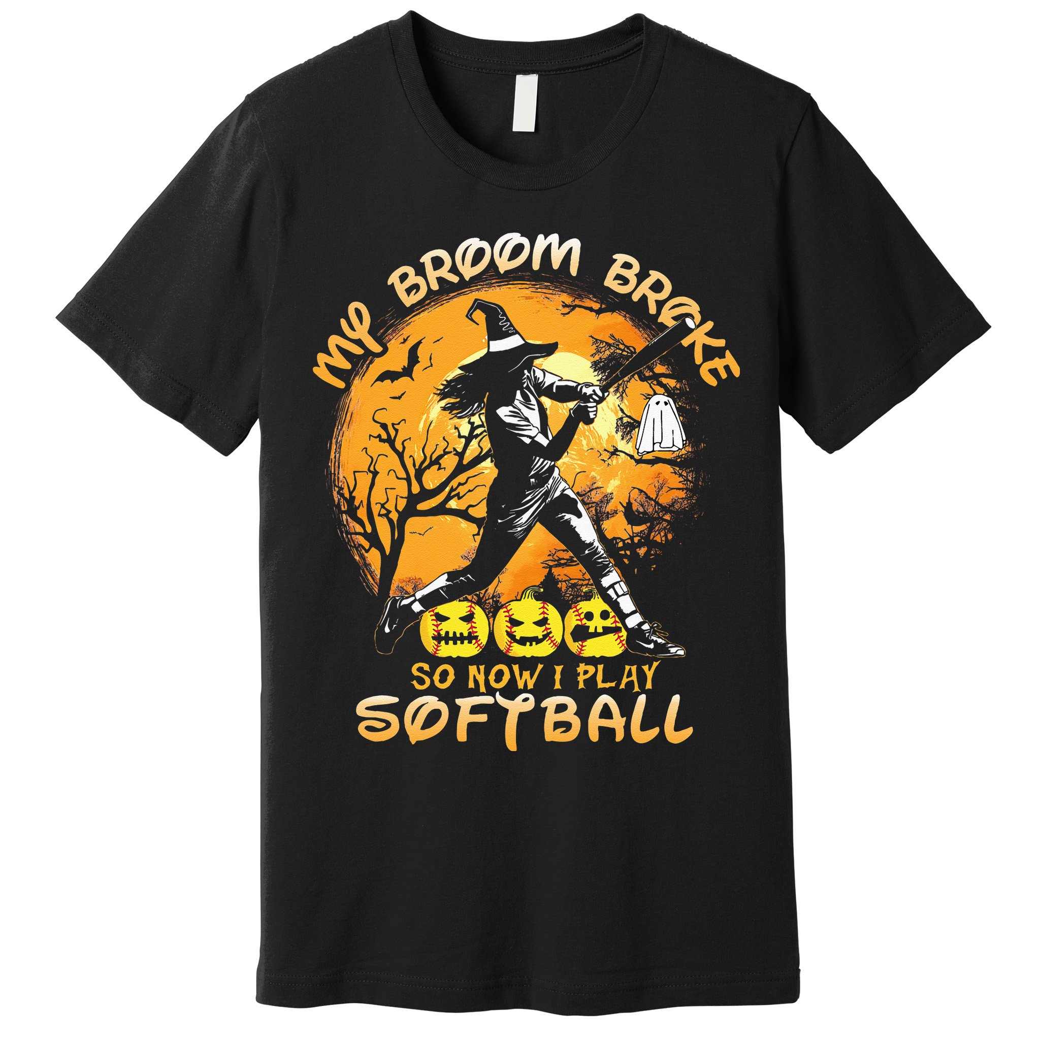 My Broom Broke So Now I Play Softball Baseball Halloween Premium T-Shirt