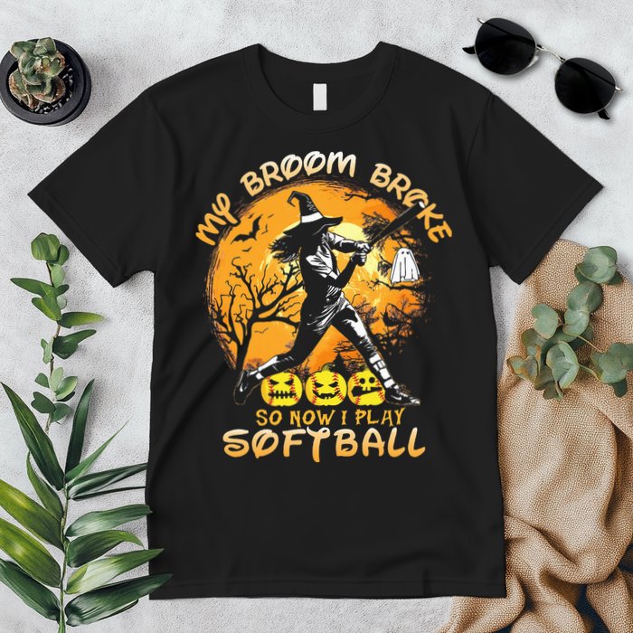 My Broom Broke So Now I Play Softball Baseball Halloween Premium T-Shirt