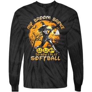 My Broom Broke So Now I Play Softball Baseball Halloween Tie-Dye Long Sleeve Shirt