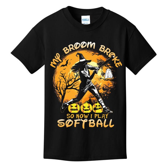 My Broom Broke So Now I Play Softball Baseball Halloween Kids T-Shirt