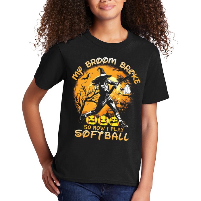 My Broom Broke So Now I Play Softball Baseball Halloween Kids T-Shirt