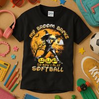 My Broom Broke So Now I Play Softball Baseball Halloween Kids T-Shirt