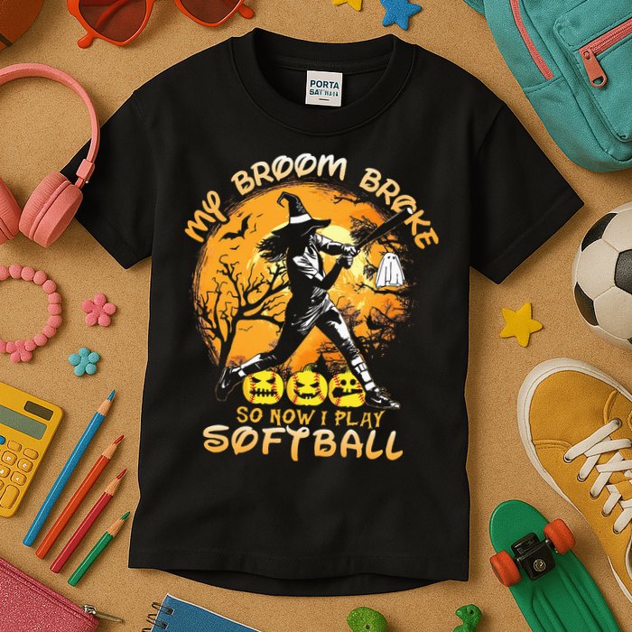 My Broom Broke So Now I Play Softball Baseball Halloween Kids T-Shirt