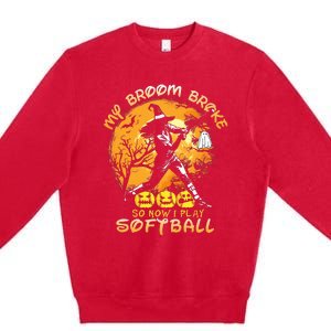 My Broom Broke So Now I Play Softball Baseball Halloween Premium Crewneck Sweatshirt