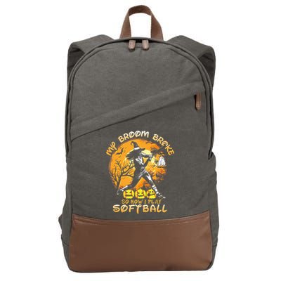 My Broom Broke So Now I Play Softball Baseball Halloween Cotton Canvas Backpack