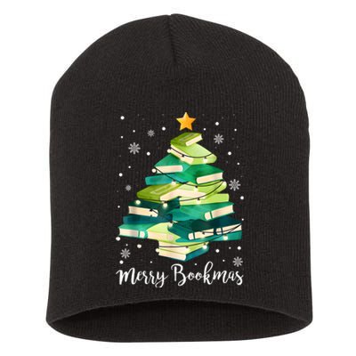 Merry Bookmas Books Pine Tree Funny Reading Lover Christmas Short Acrylic Beanie