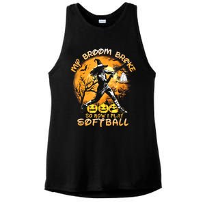 My Broom Broke So Now I Play Softball Baseball Halloween Ladies PosiCharge Tri-Blend Wicking Tank