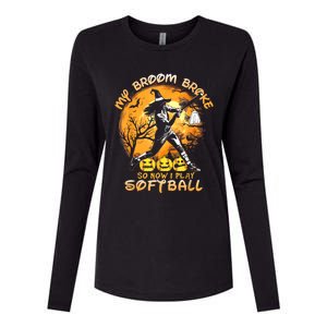 My Broom Broke So Now I Play Softball Baseball Halloween Womens Cotton Relaxed Long Sleeve T-Shirt