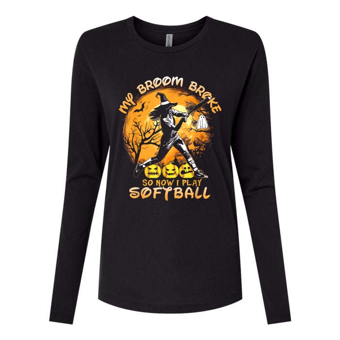 My Broom Broke So Now I Play Softball Baseball Halloween Womens Cotton Relaxed Long Sleeve T-Shirt