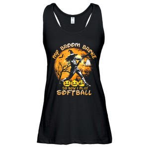 My Broom Broke So Now I Play Softball Baseball Halloween Ladies Essential Flowy Tank