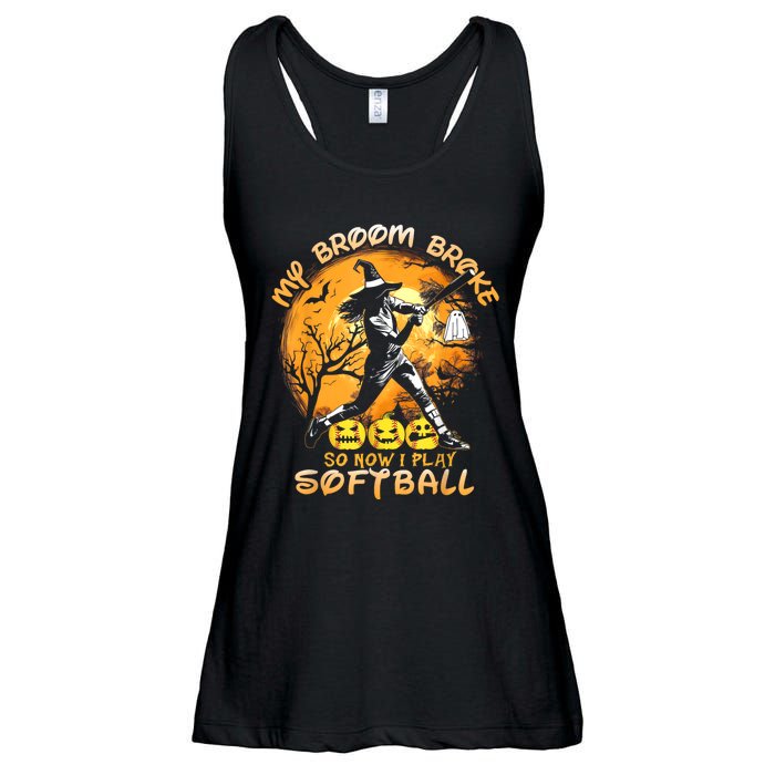 My Broom Broke So Now I Play Softball Baseball Halloween Ladies Essential Flowy Tank