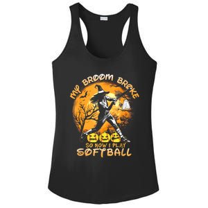 My Broom Broke So Now I Play Softball Baseball Halloween Ladies PosiCharge Competitor Racerback Tank