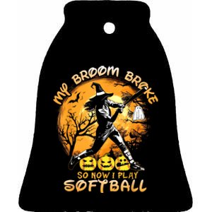 My Broom Broke So Now I Play Softball Baseball Halloween Ceramic Bell Ornament