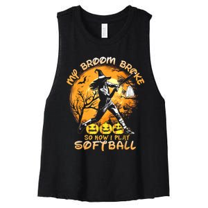 My Broom Broke So Now I Play Softball Baseball Halloween Women's Racerback Cropped Tank