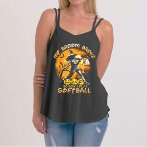 My Broom Broke So Now I Play Softball Baseball Halloween Women's Strappy Tank