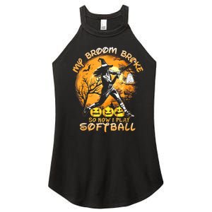 My Broom Broke So Now I Play Softball Baseball Halloween Women's Perfect Tri Rocker Tank