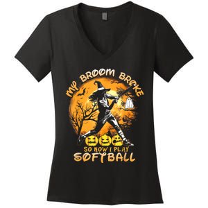 My Broom Broke So Now I Play Softball Baseball Halloween Women's V-Neck T-Shirt