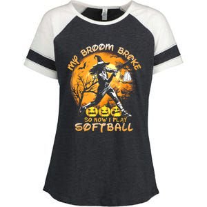 My Broom Broke So Now I Play Softball Baseball Halloween Enza Ladies Jersey Colorblock Tee